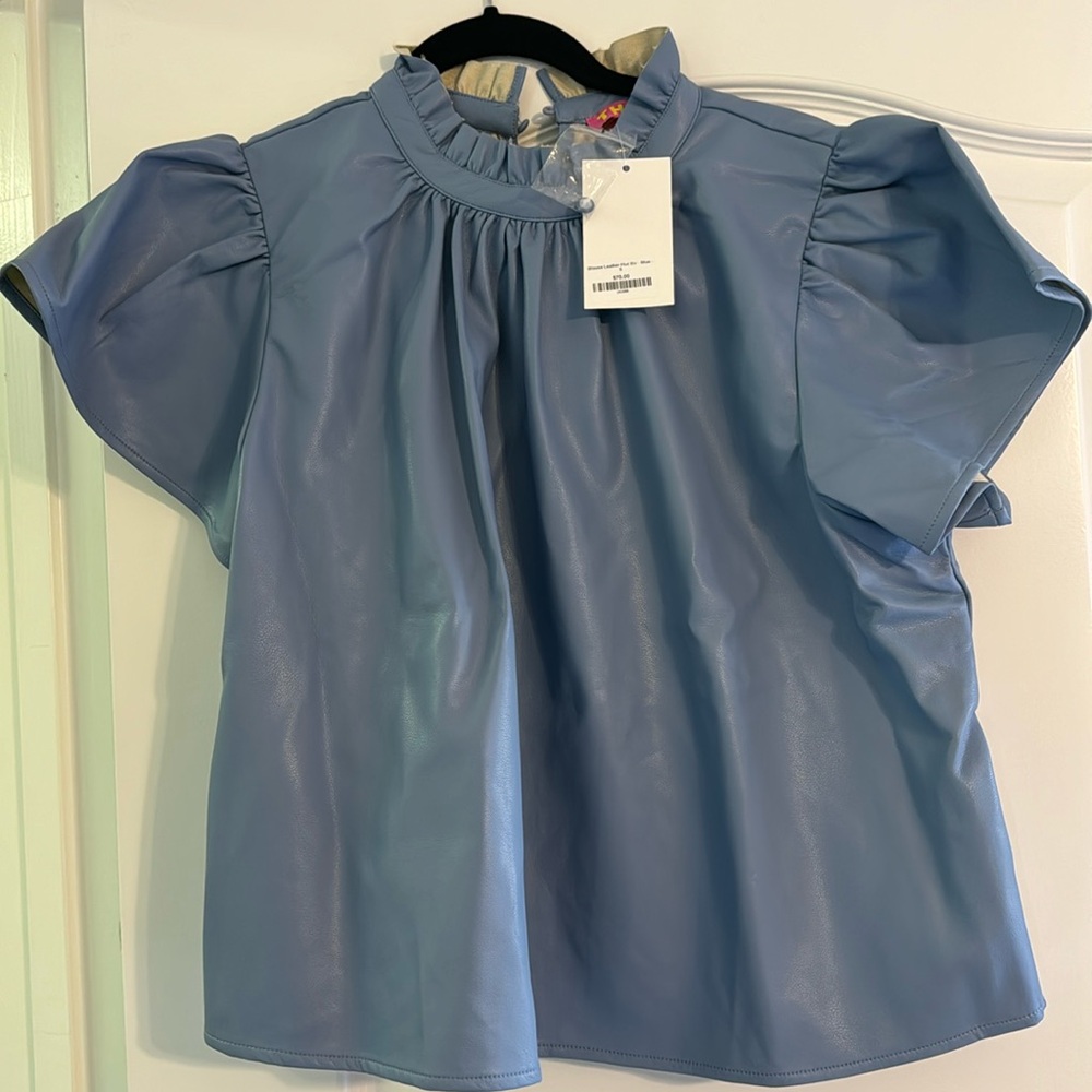 Blue leather ruffle top never worn